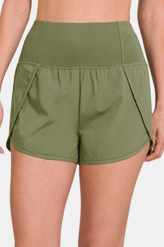 Zenana High - Waisted Zippered Back Pocket Active Shorts - Shorts - Lt Olive - Bella Bourget