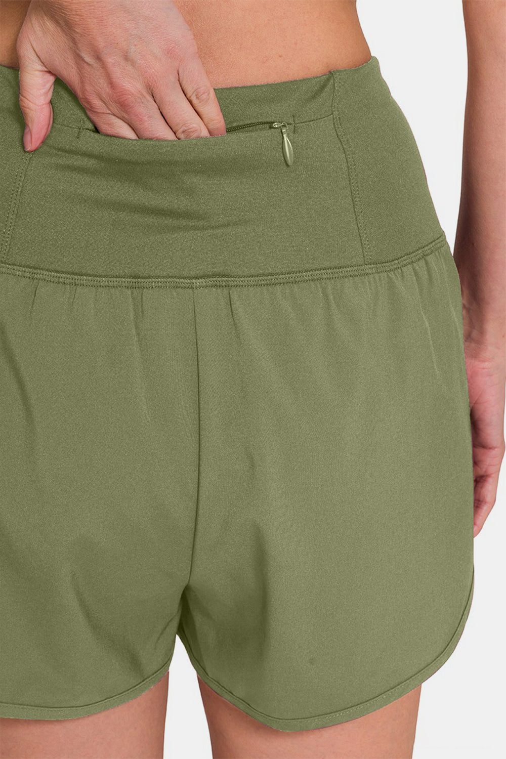 Zenana High - Waisted Zippered Back Pocket Active Shorts - Shorts - Lt Olive - Bella Bourget