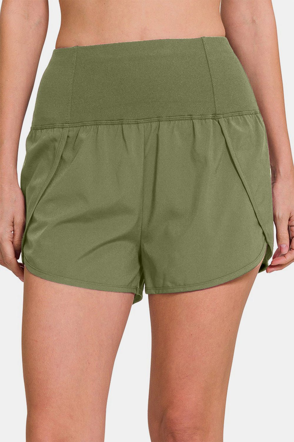 Zenana High - Waisted Zippered Back Pocket Active Shorts - Shorts - Lt Olive - Bella Bourget