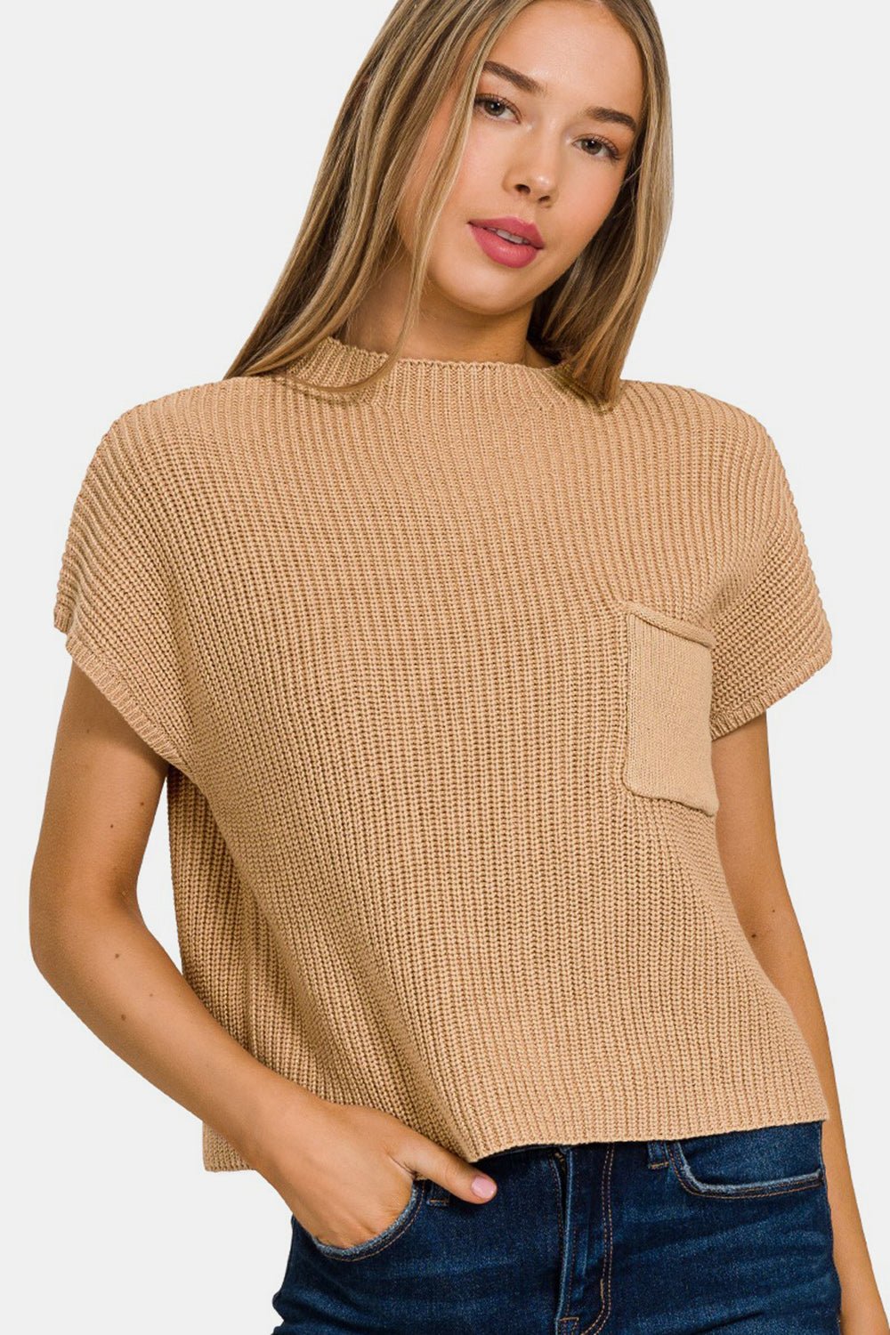 Zenana Mock Neck Short Sleeve Cropped Sweater - Sweater - Brush - Bella Bourget