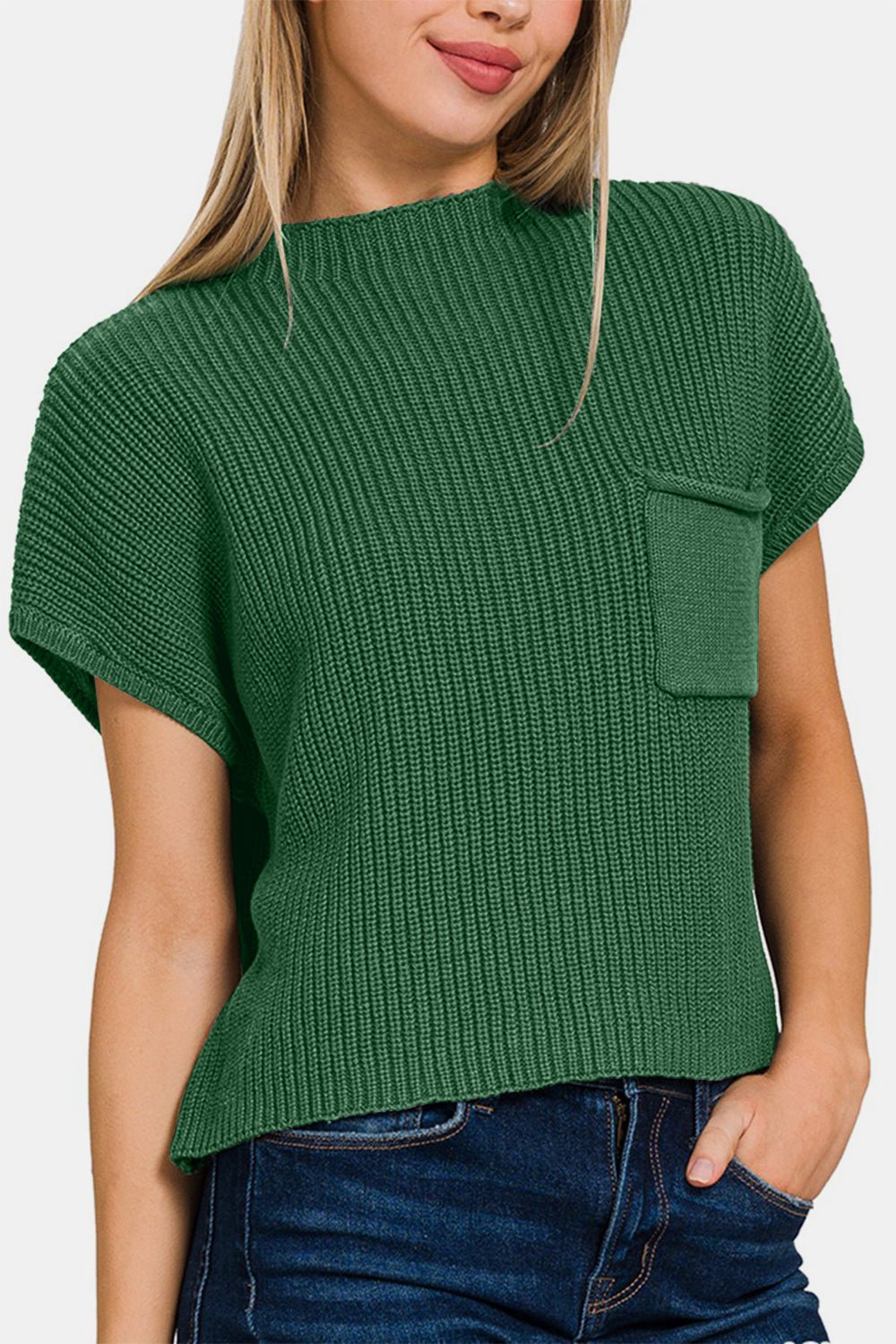 Zenana Mock Neck Short Sleeve Cropped Sweater - Top - DK GREEN - Bella Bourget