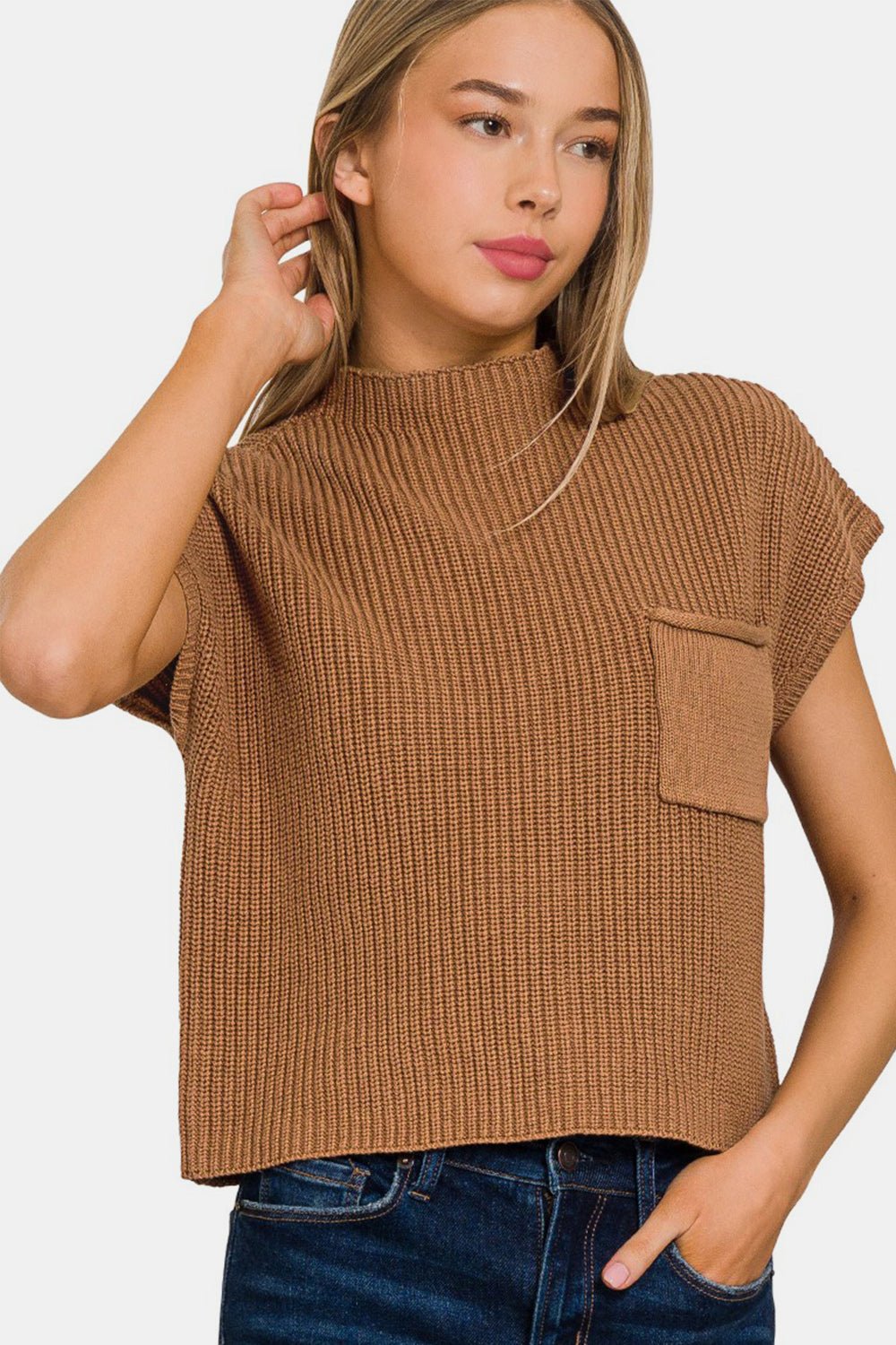 Zenana Mock Neck Short Sleeve Cropped Sweater - Sweater - DEEP CAMEL - Bella Bourget