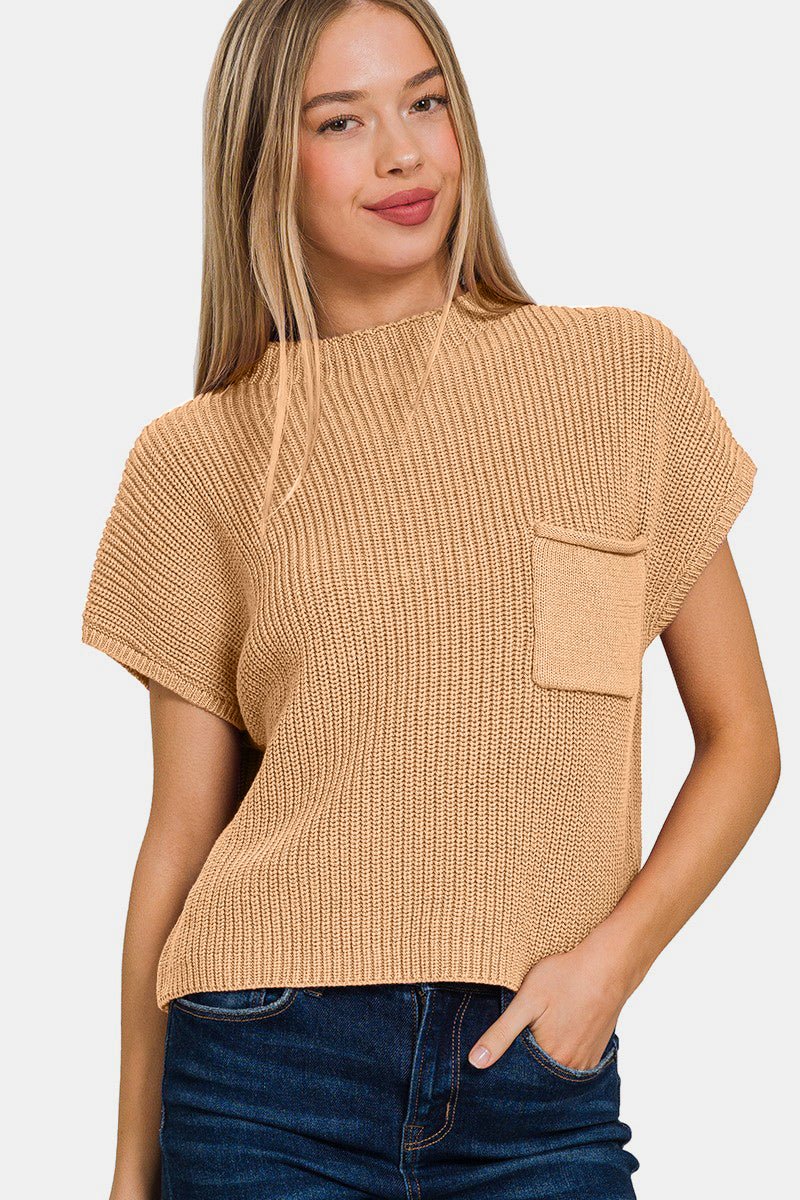 Zenana Mock Neck Short Sleeve Cropped Sweater - Sweater - Brush - Bella Bourget