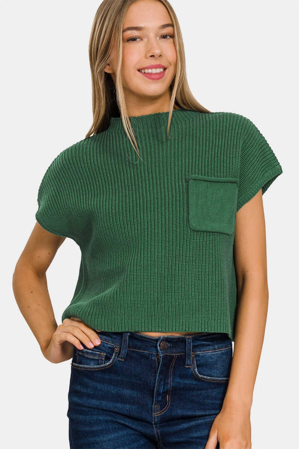 Zenana Mock Neck Short Sleeve Cropped Sweater - Top - DK GREEN - Bella Bourget