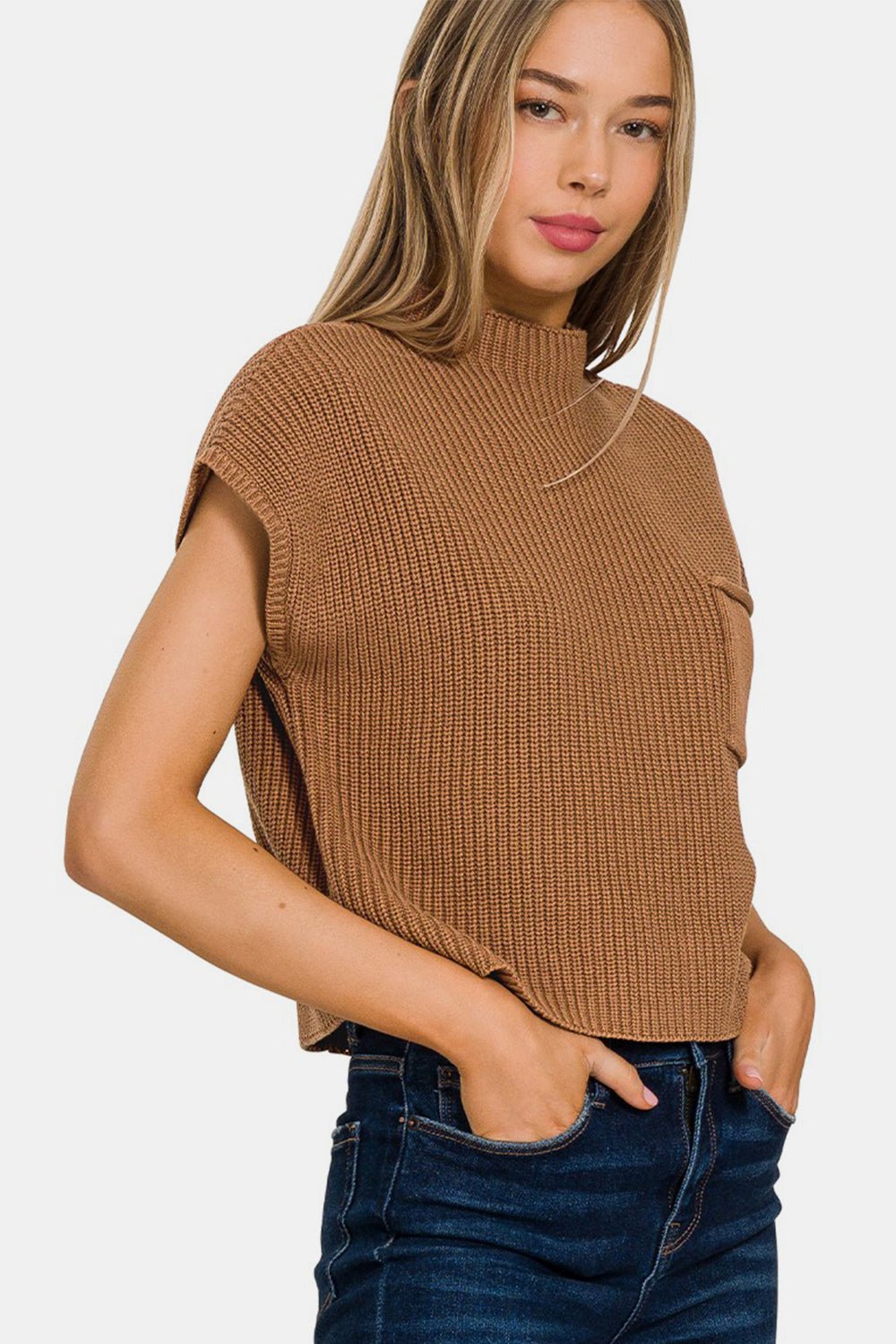 Zenana Mock Neck Short Sleeve Cropped Sweater - Sweater - DEEP CAMEL - Bella Bourget