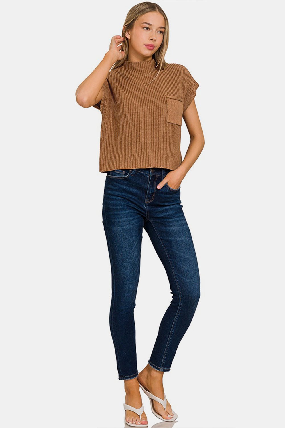 Zenana Mock Neck Short Sleeve Cropped Sweater - Sweater - DEEP CAMEL - Bella Bourget