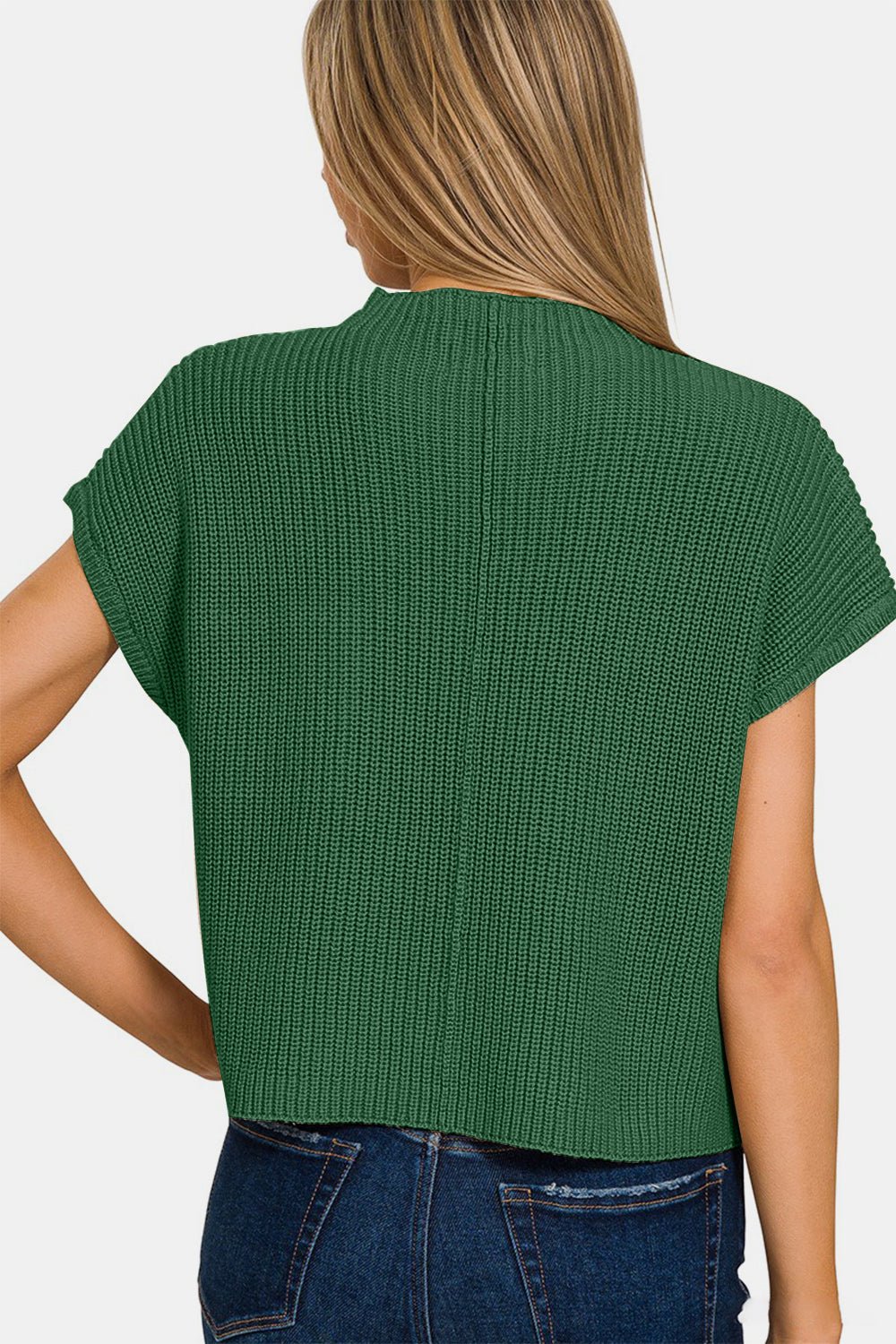 Zenana Mock Neck Short Sleeve Cropped Sweater - Top - DK GREEN - Bella Bourget