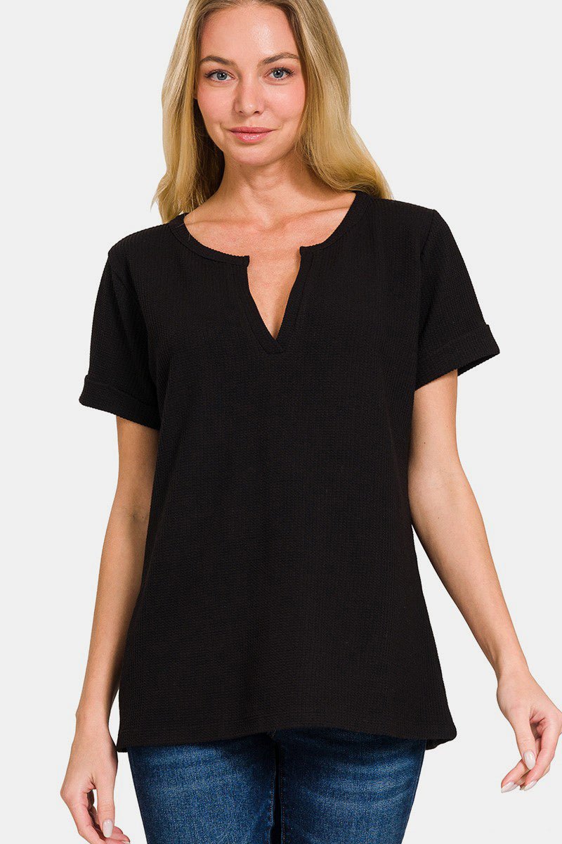 Zenana Notched Short Sleeve Waffle T - Shirt - Top - Black - Bella Bourget