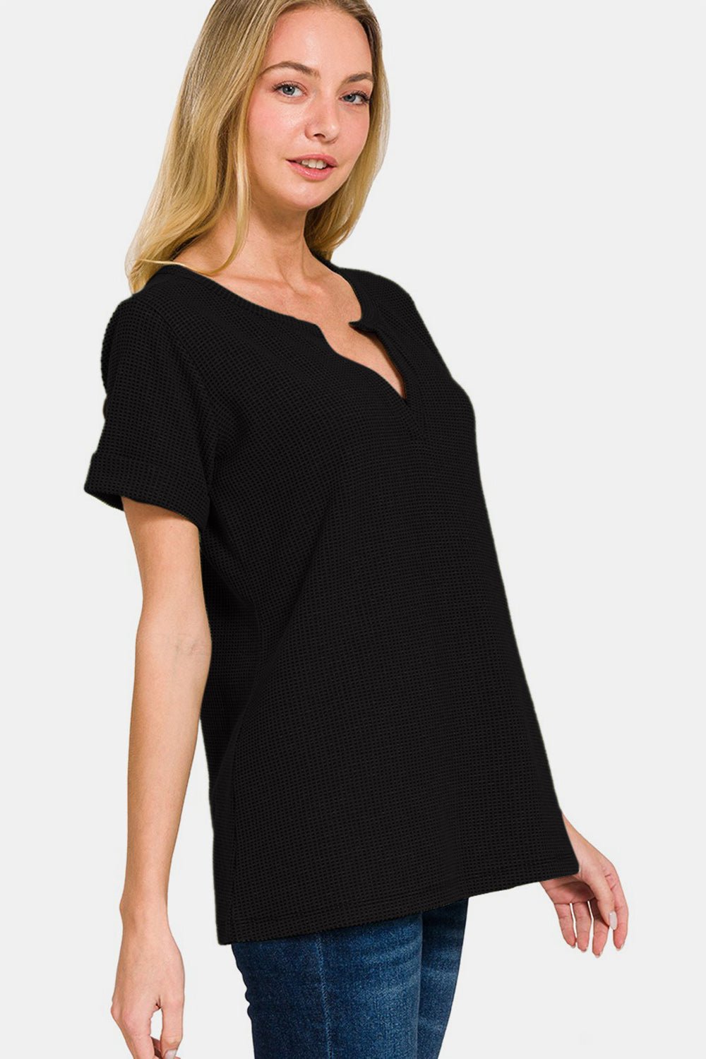 Zenana Notched Short Sleeve Waffle T - Shirt - Top - Black - Bella Bourget