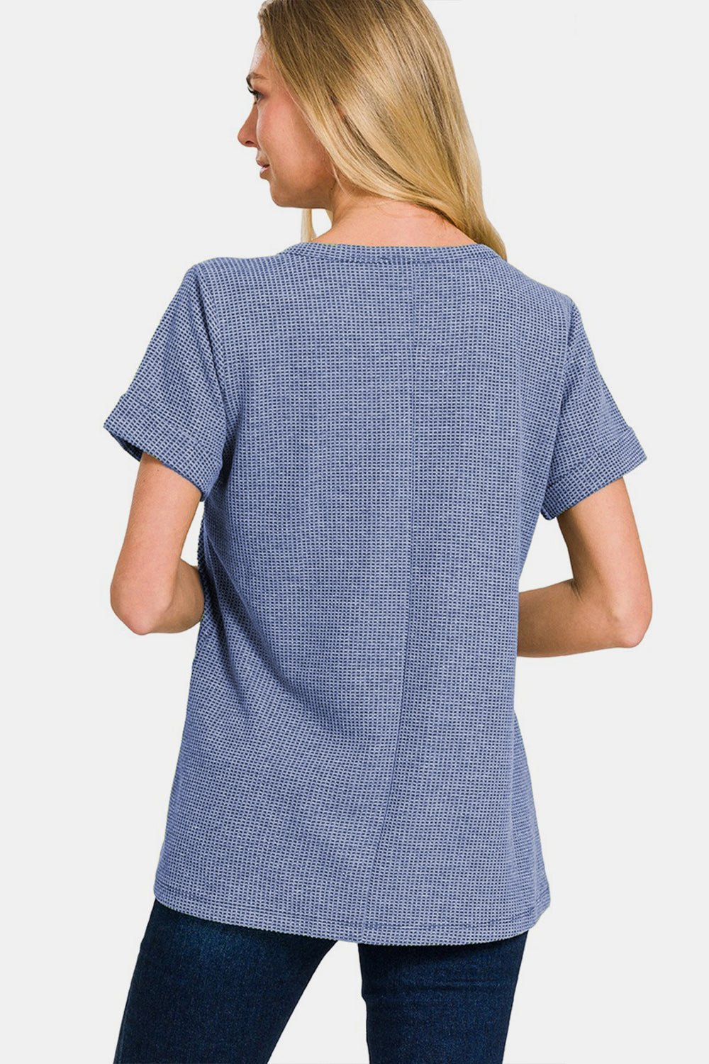 Zenana Notched Short Sleeve Waffle T - Shirt - Top - DENIM - Bella Bourget