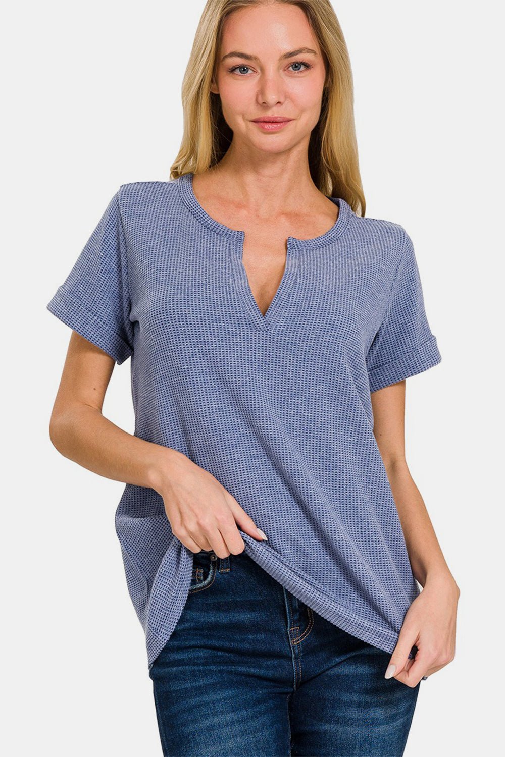 Zenana Notched Short Sleeve Waffle T - Shirt - Top - DENIM - Bella Bourget