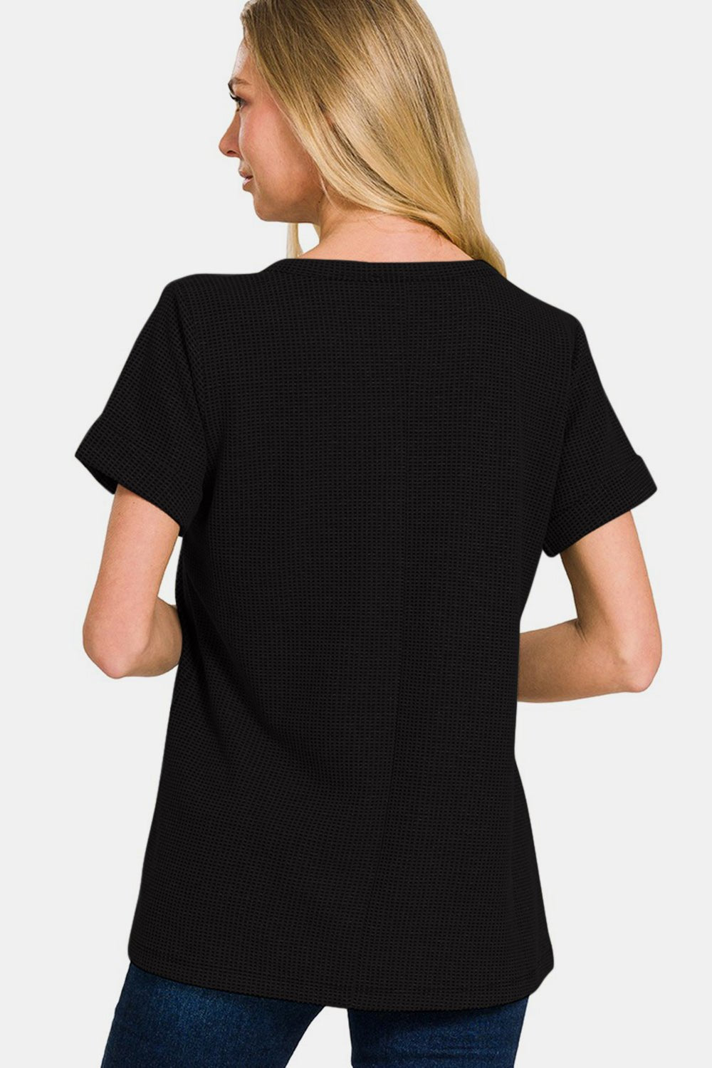 Zenana Notched Short Sleeve Waffle T - Shirt - Top - Black - Bella Bourget