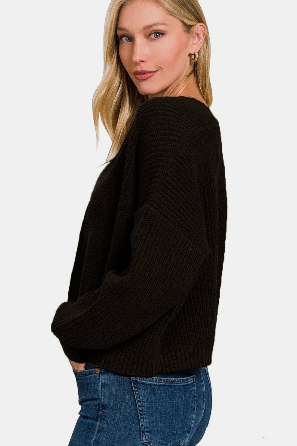 Zenana Open Front Drop Shoulder Sweater Cardigan - Sweater - Black - Bella Bourget