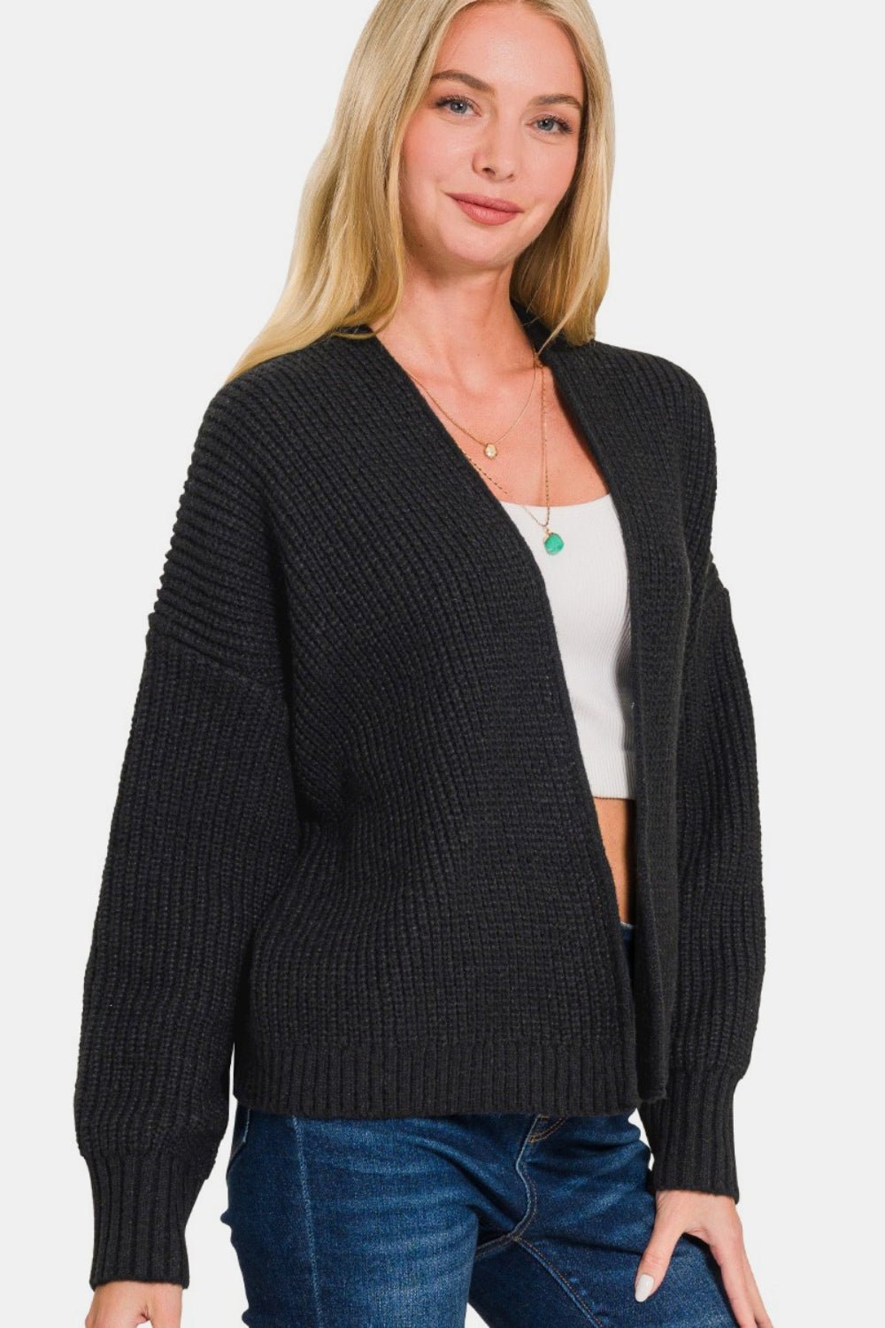 Zenana Open Front Drop Shoulder Sweater Cardigan - Sweater - Black - Bella Bourget