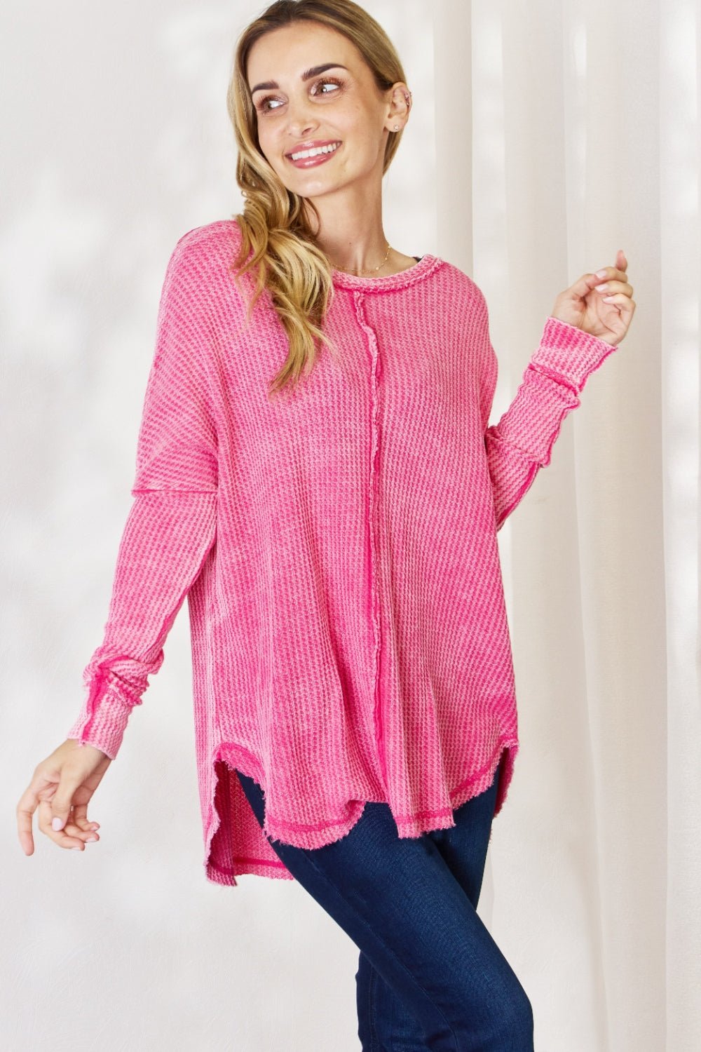 Zenana Oversized Washed Waffle Long Sleeve Top - Top - Red - Violet - Bella Bourget