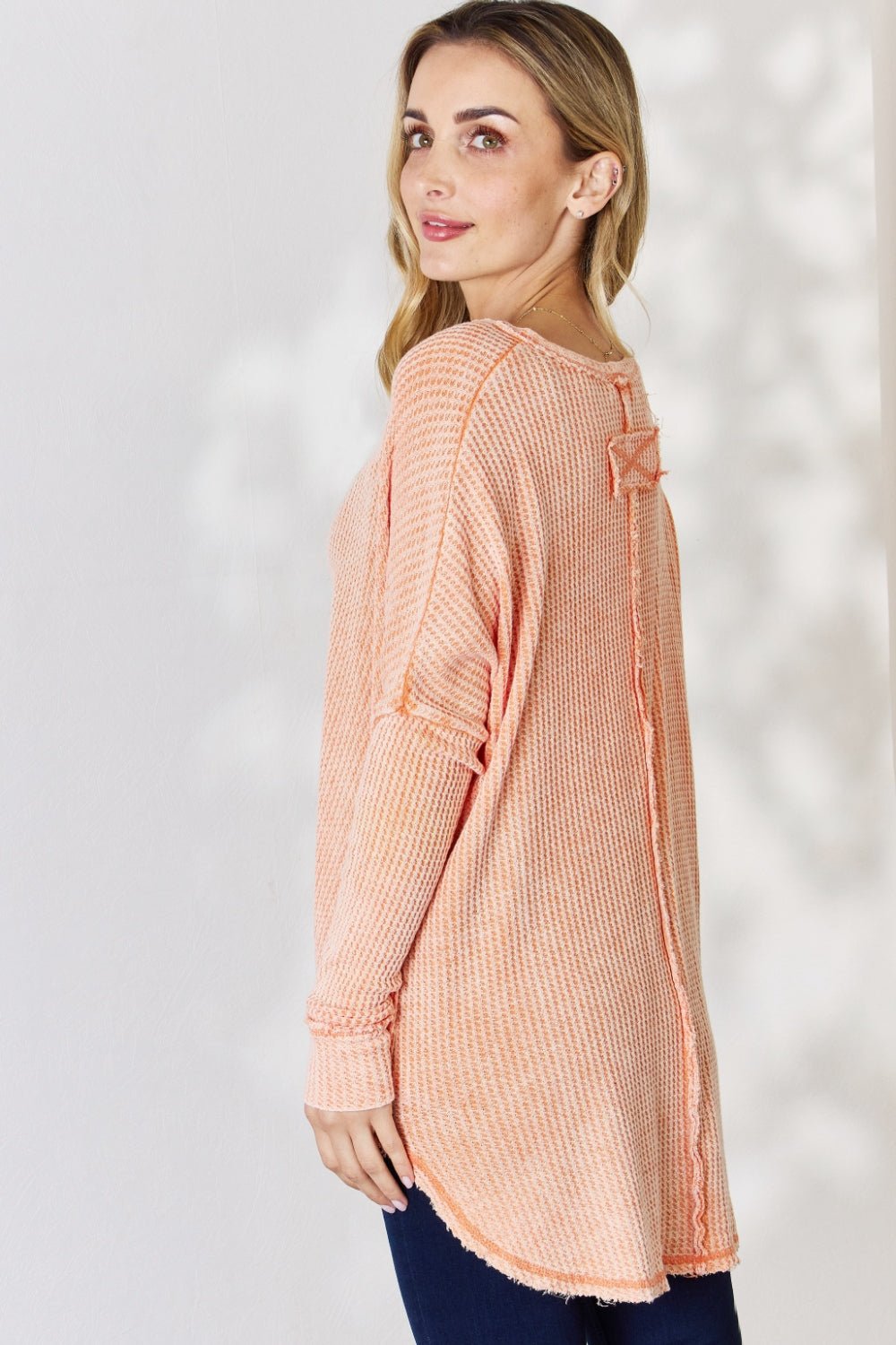 Zenana Oversized Washed Waffle Long Sleeve Top - Top - Light Orange - Bella Bourget