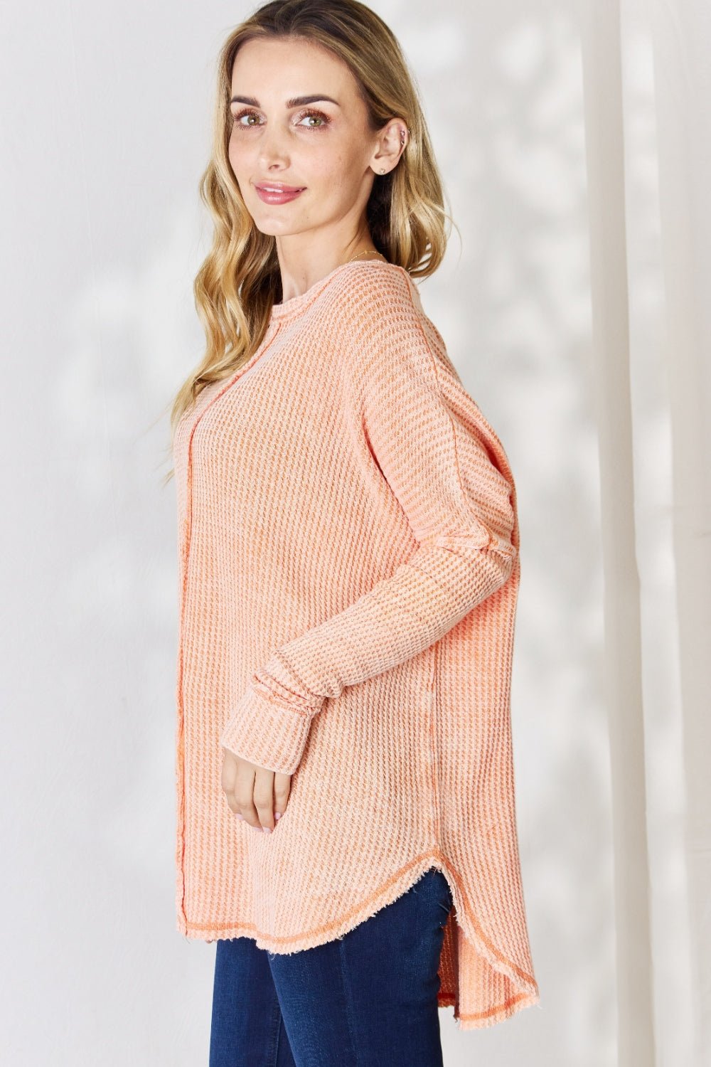 Zenana Oversized Washed Waffle Long Sleeve Top - Top - Light Orange - Bella Bourget