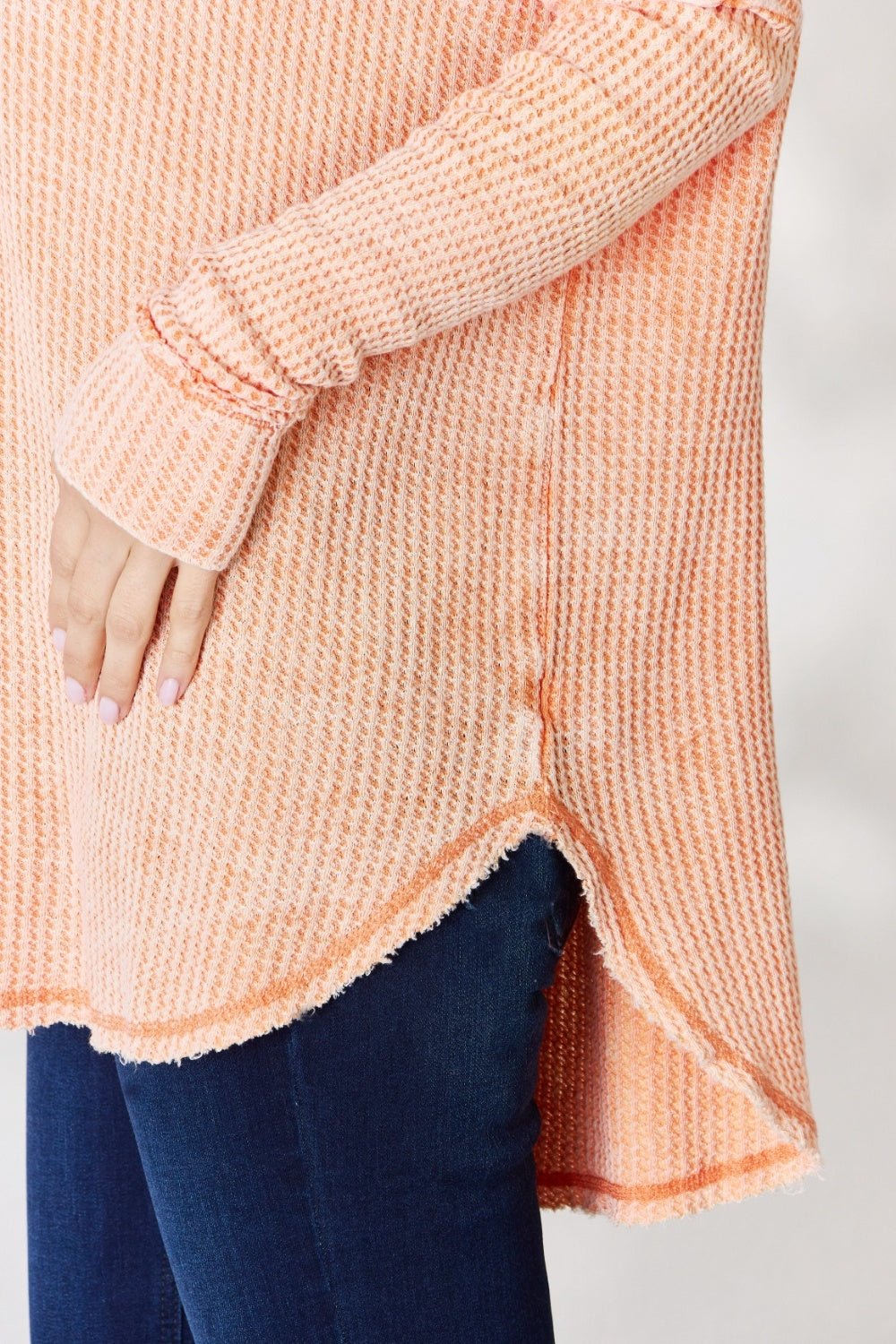 Zenana Oversized Washed Waffle Long Sleeve Top - Top - Light Orange - Bella Bourget