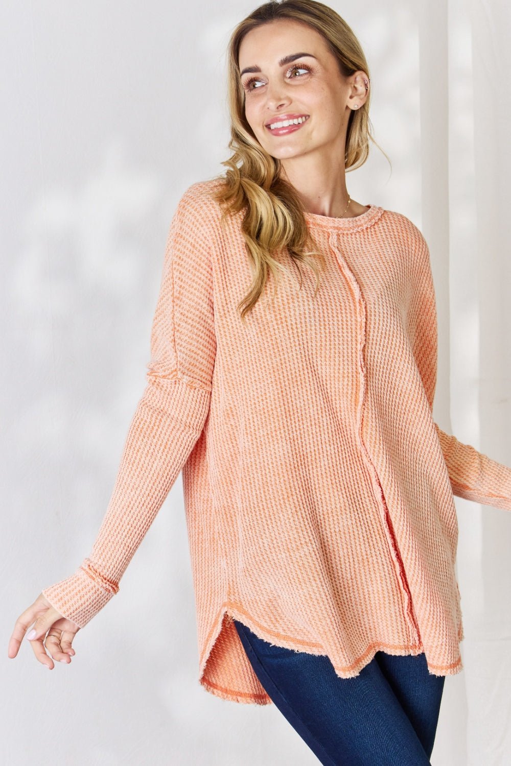 Zenana Oversized Washed Waffle Long Sleeve Top - Top - Light Orange - Bella Bourget