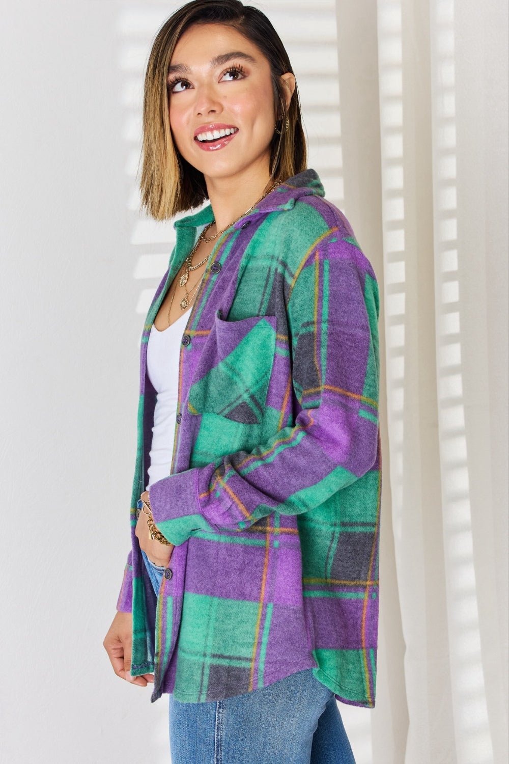 Zenana Plaid Button Up Long Sleeve Shacket - blouse - Green/Purple - Bella Bourget