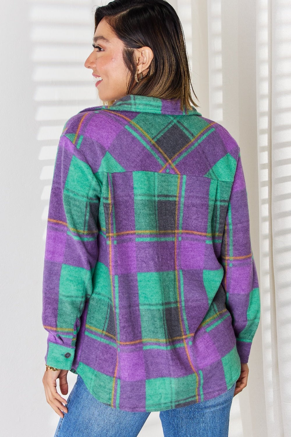 Zenana Plaid Button Up Long Sleeve Shacket - blouse - Green/Purple - Bella Bourget