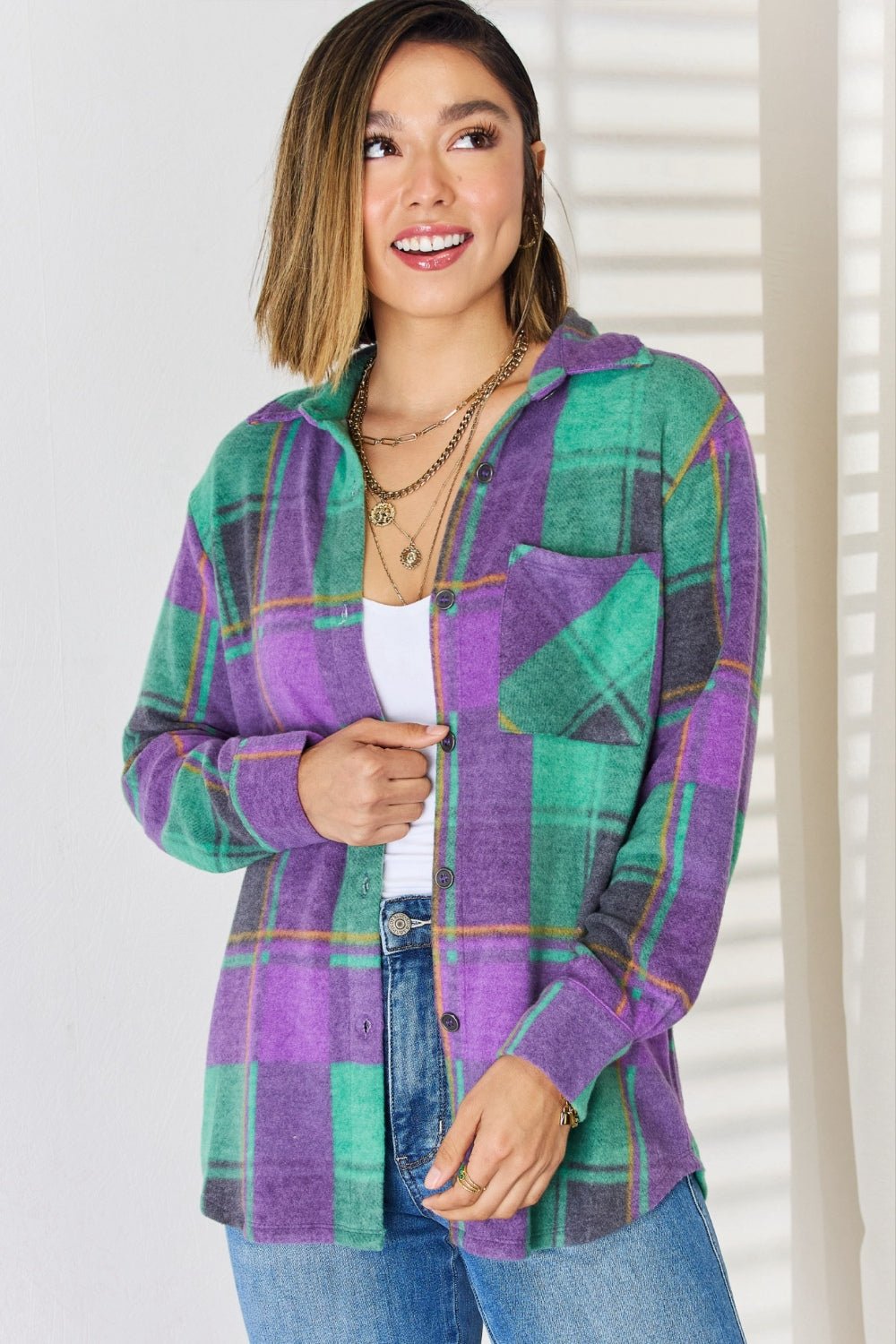 Zenana Plaid Button Up Long Sleeve Shacket - blouse - Green/Purple - Bella Bourget