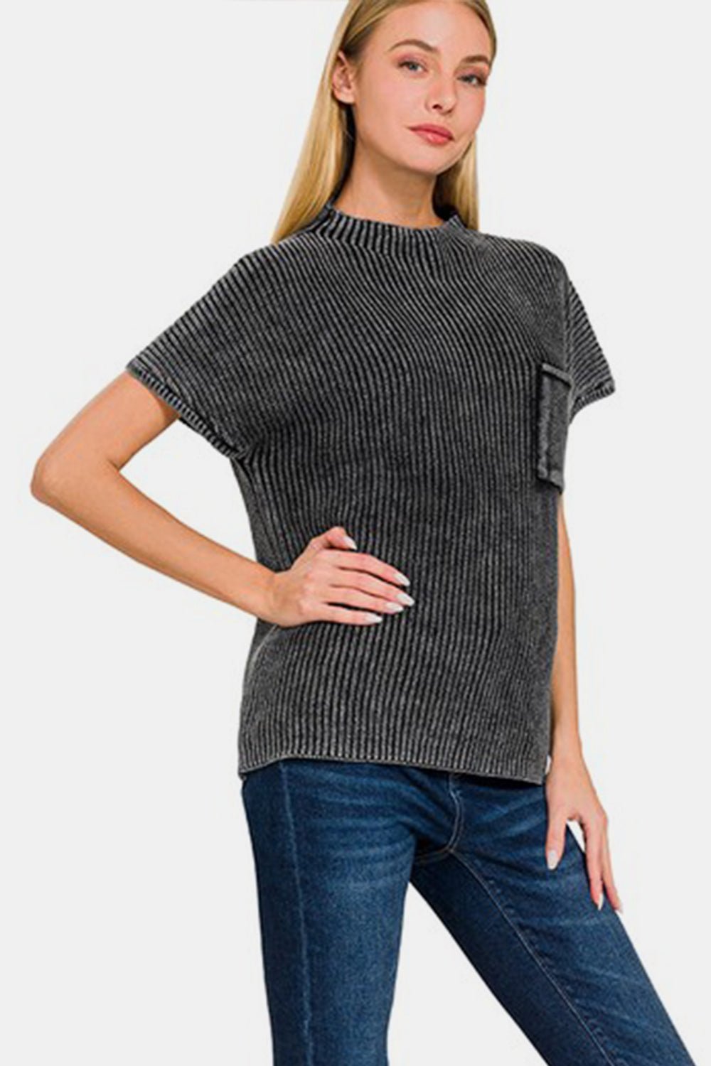 Zenana Pocketed Mock Neck Short Sleeve Sweater - Sweater - BLACK - Bella Bourget