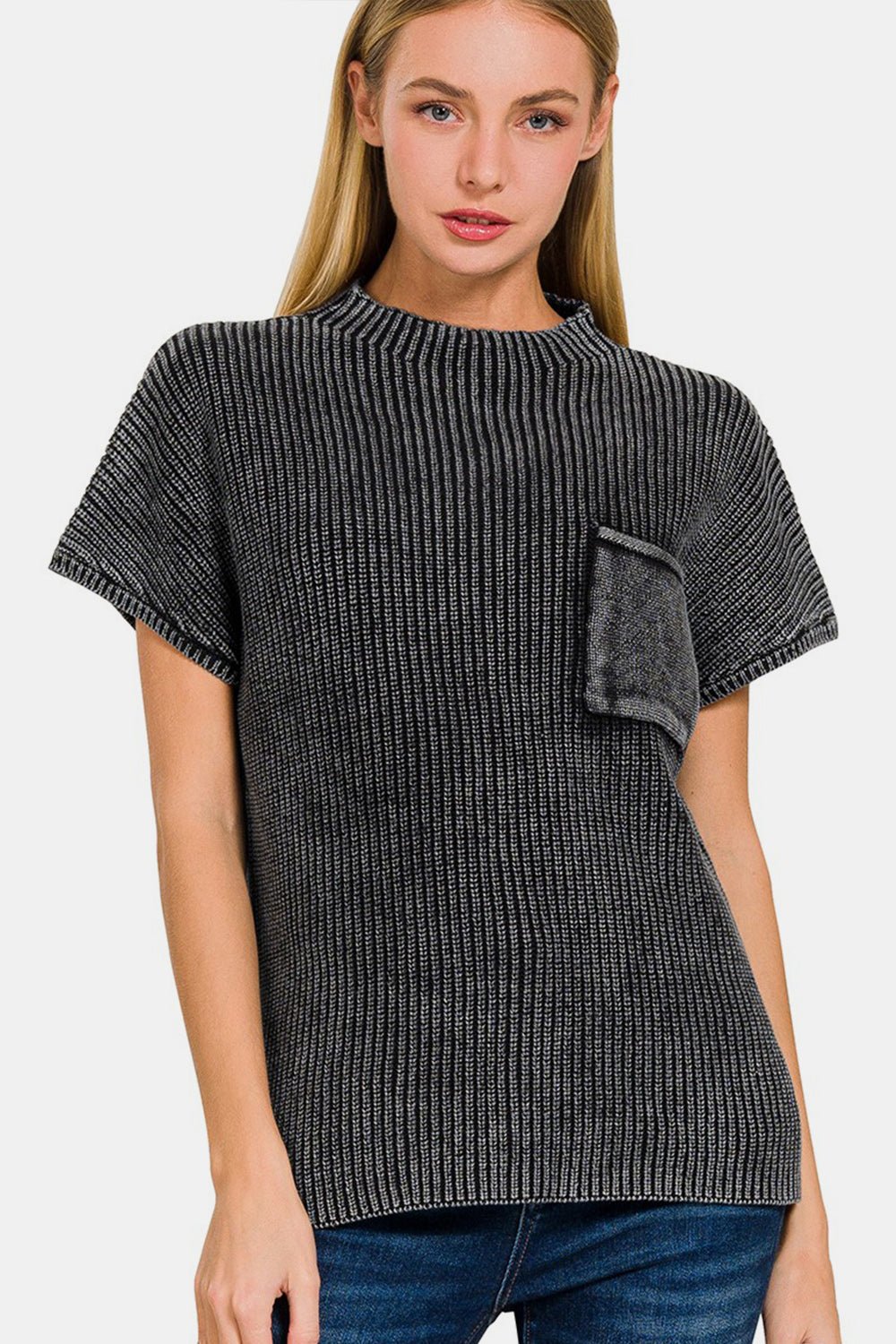 Zenana Pocketed Mock Neck Short Sleeve Sweater - Sweater - BLACK - Bella Bourget