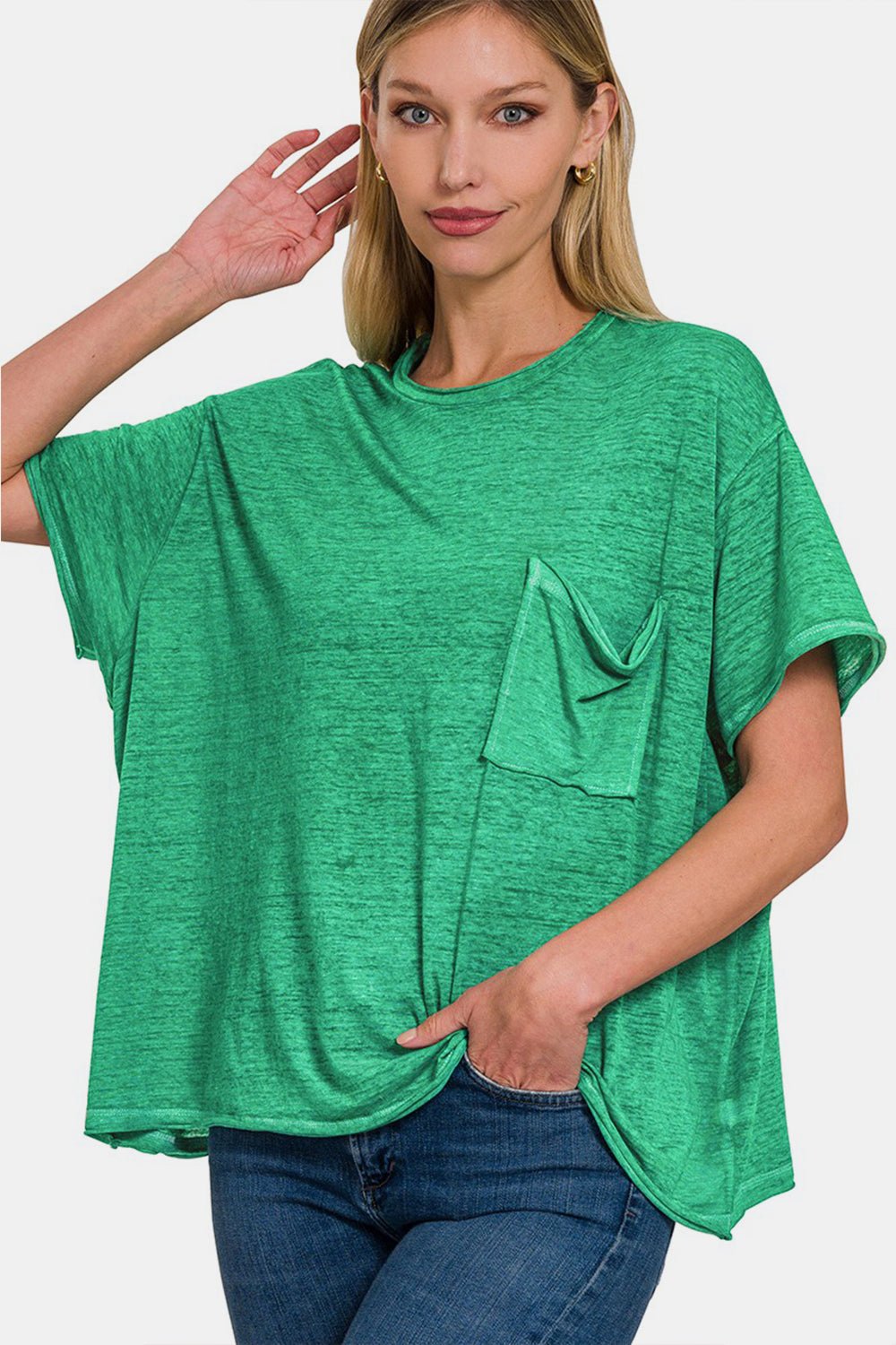 Zenana Pocketed Round Neck Dropped Shoulder T - Shirt - Top - Green - Bella Bourget