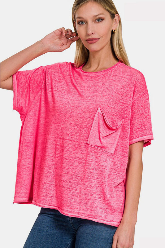 Zenana Pocketed Round Neck Dropped Shoulder T - Shirt - Top - FUCHSIA - Bella Bourget