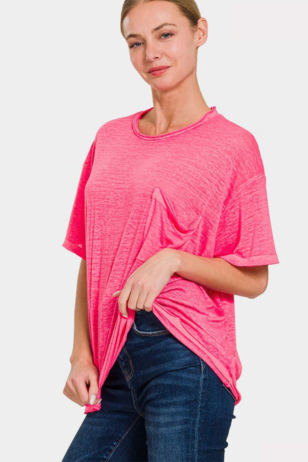 Zenana Pocketed Round Neck Dropped Shoulder T - Shirt - Top - FUCHSIA - Bella Bourget