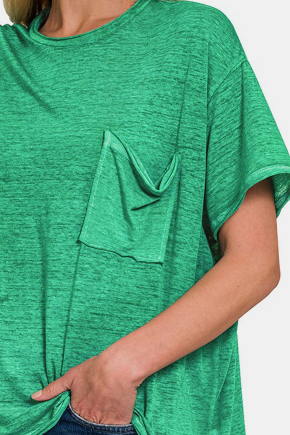 Zenana Pocketed Round Neck Dropped Shoulder T - Shirt - Top - Green - Bella Bourget