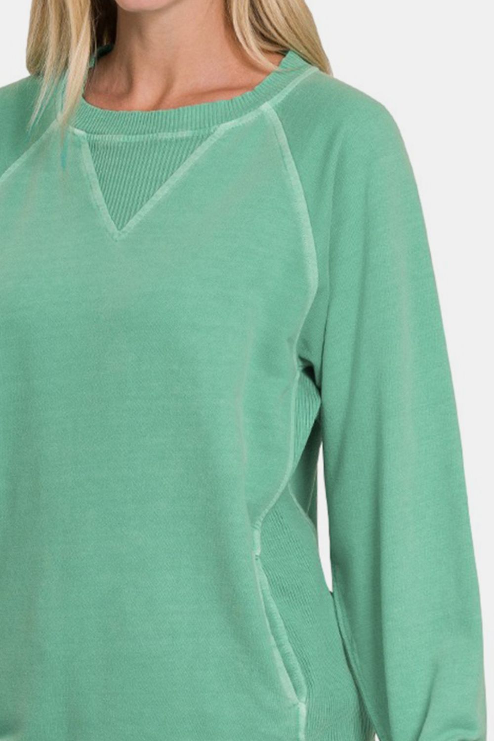 Zenana Pocketed Round Neck Long Sleeve Sweatshirt - sweatshirt - Dk Green - Bella Bourget