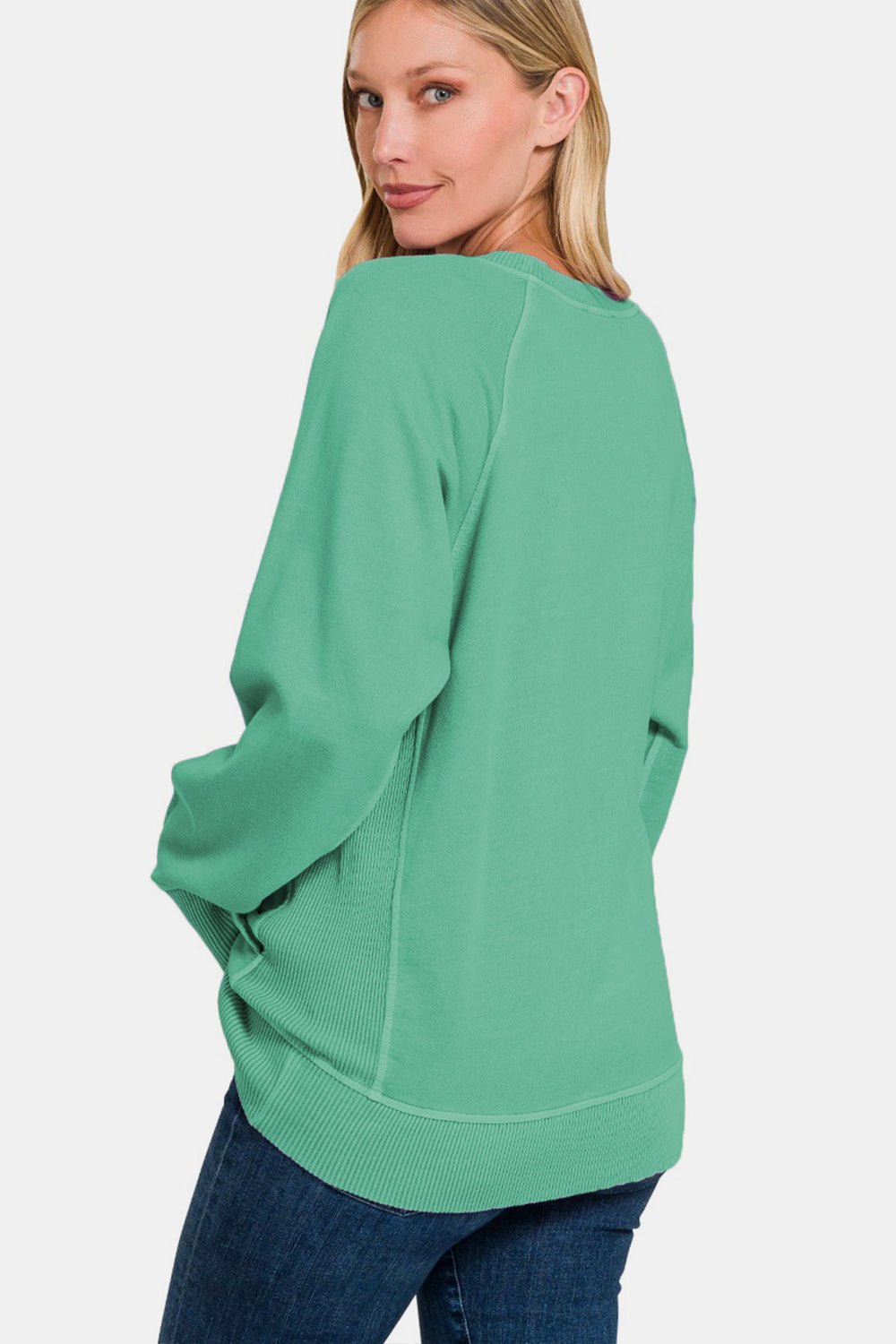 Zenana Pocketed Round Neck Long Sleeve Sweatshirt - sweatshirt - Dk Green - Bella Bourget