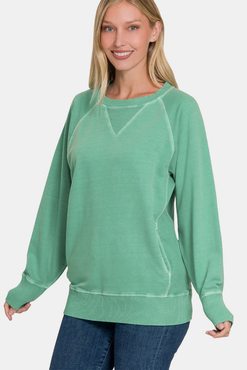 Zenana Pocketed Round Neck Long Sleeve Sweatshirt - sweatshirt - Dk Green - Bella Bourget