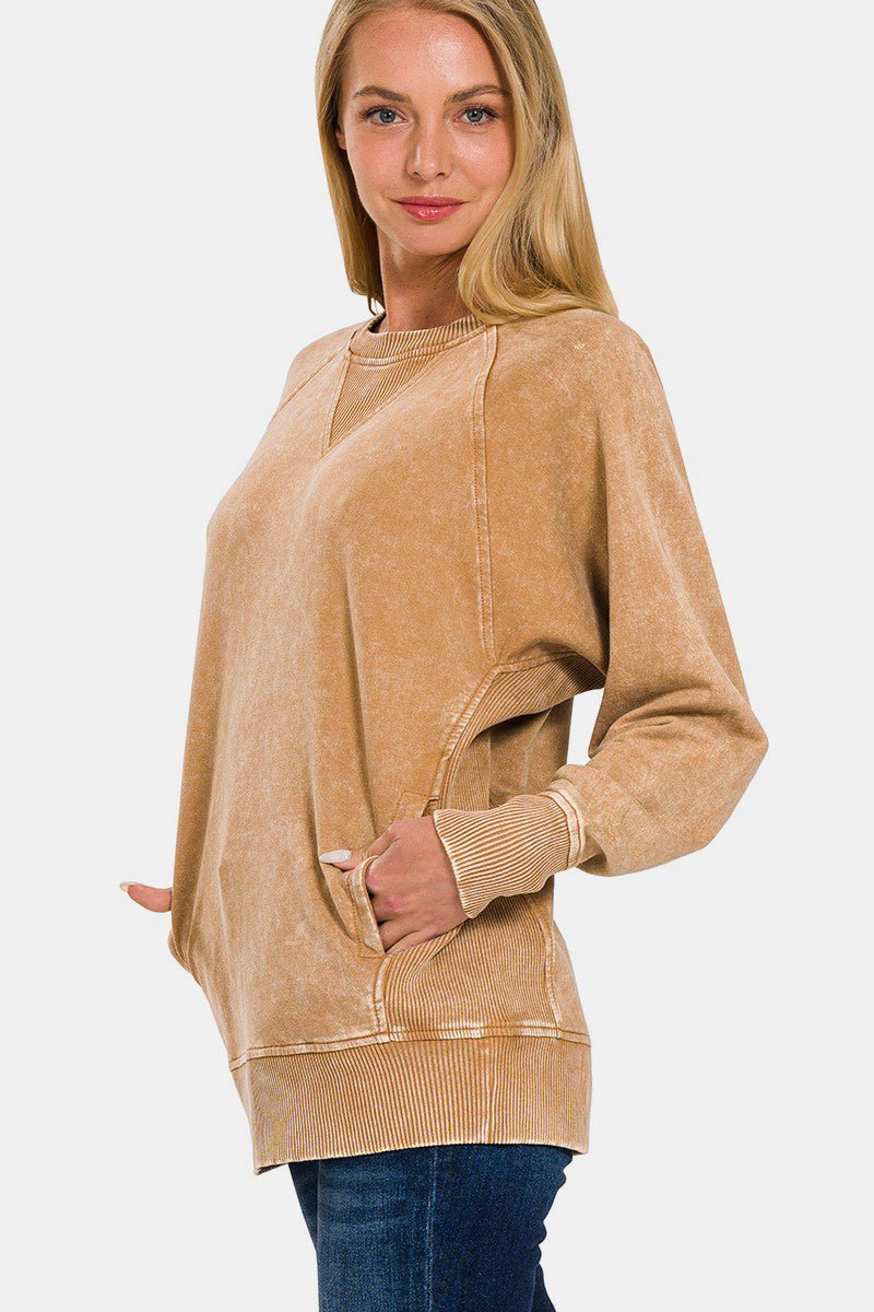 Zenana Pocketed Round Neck Sweatshirt - Sweatshirt - Camel - Bella Bourget