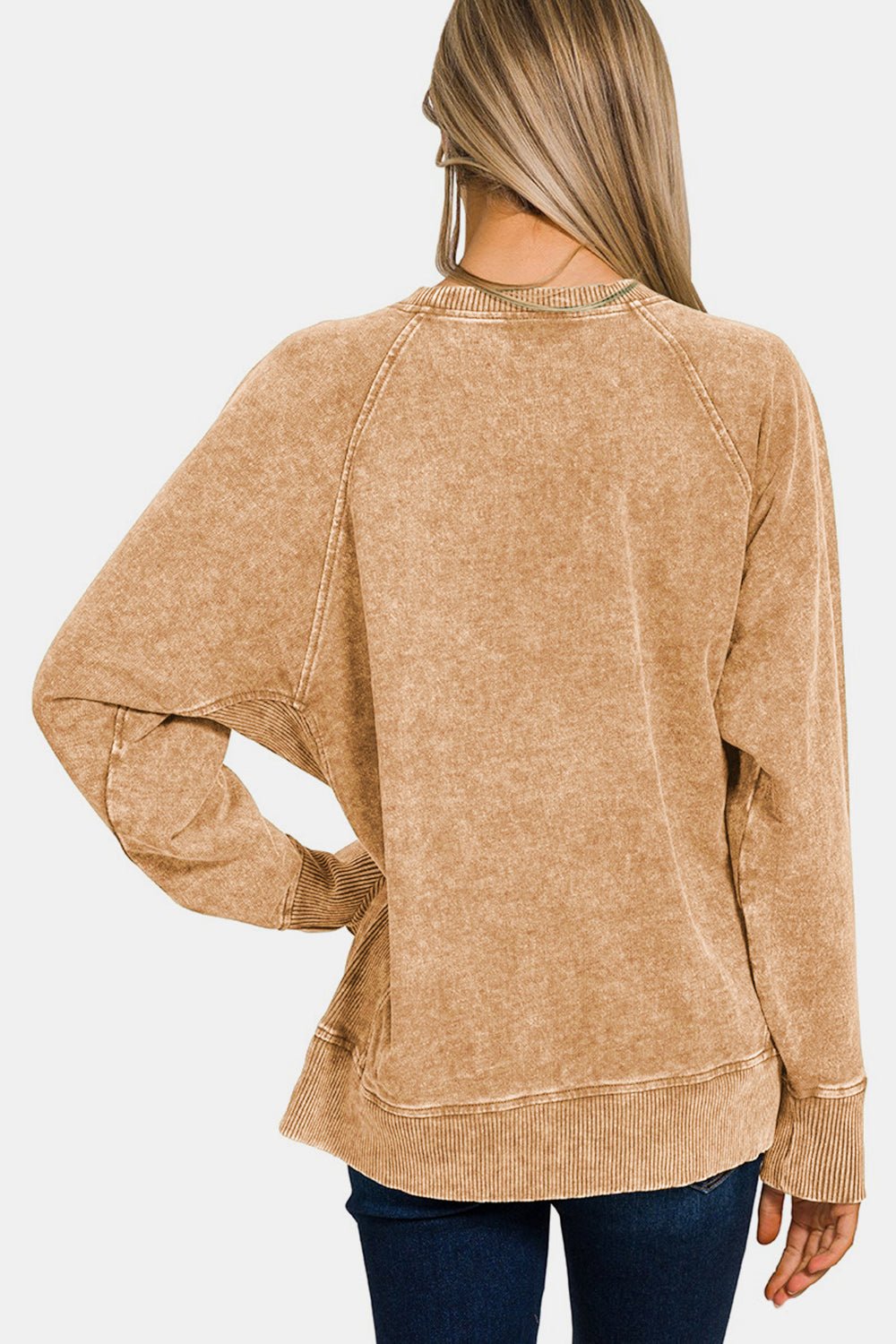 Zenana Pocketed Round Neck Sweatshirt - Sweatshirt - Camel - Bella Bourget