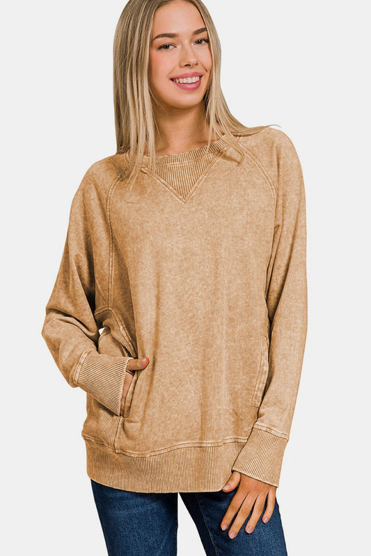 Zenana Pocketed Round Neck Sweatshirt - Sweatshirt - Camel - Bella Bourget