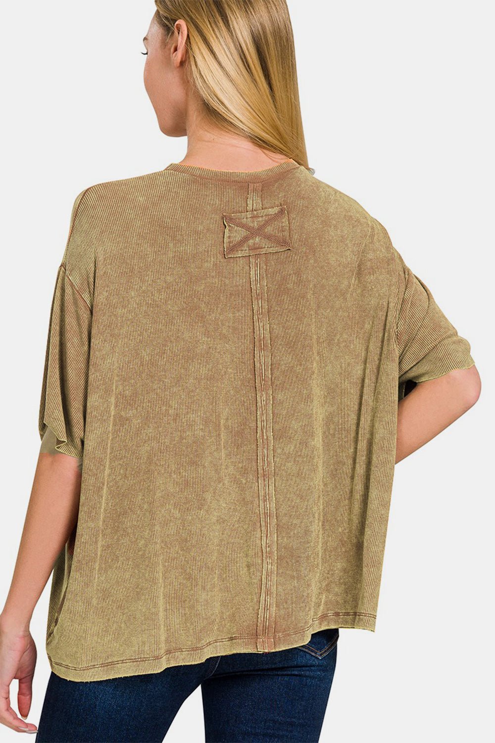 Zenana Ribbed Round Neck Drop Shoulder T - Shirt - Top - MOCHA - Bella Bourget