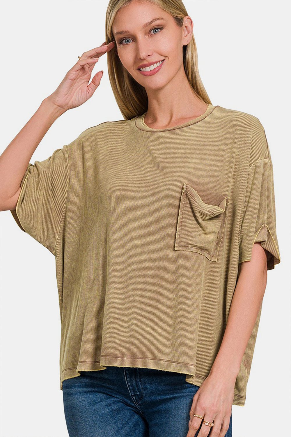 Zenana Ribbed Round Neck Drop Shoulder T - Shirt - Top - MOCHA - Bella Bourget