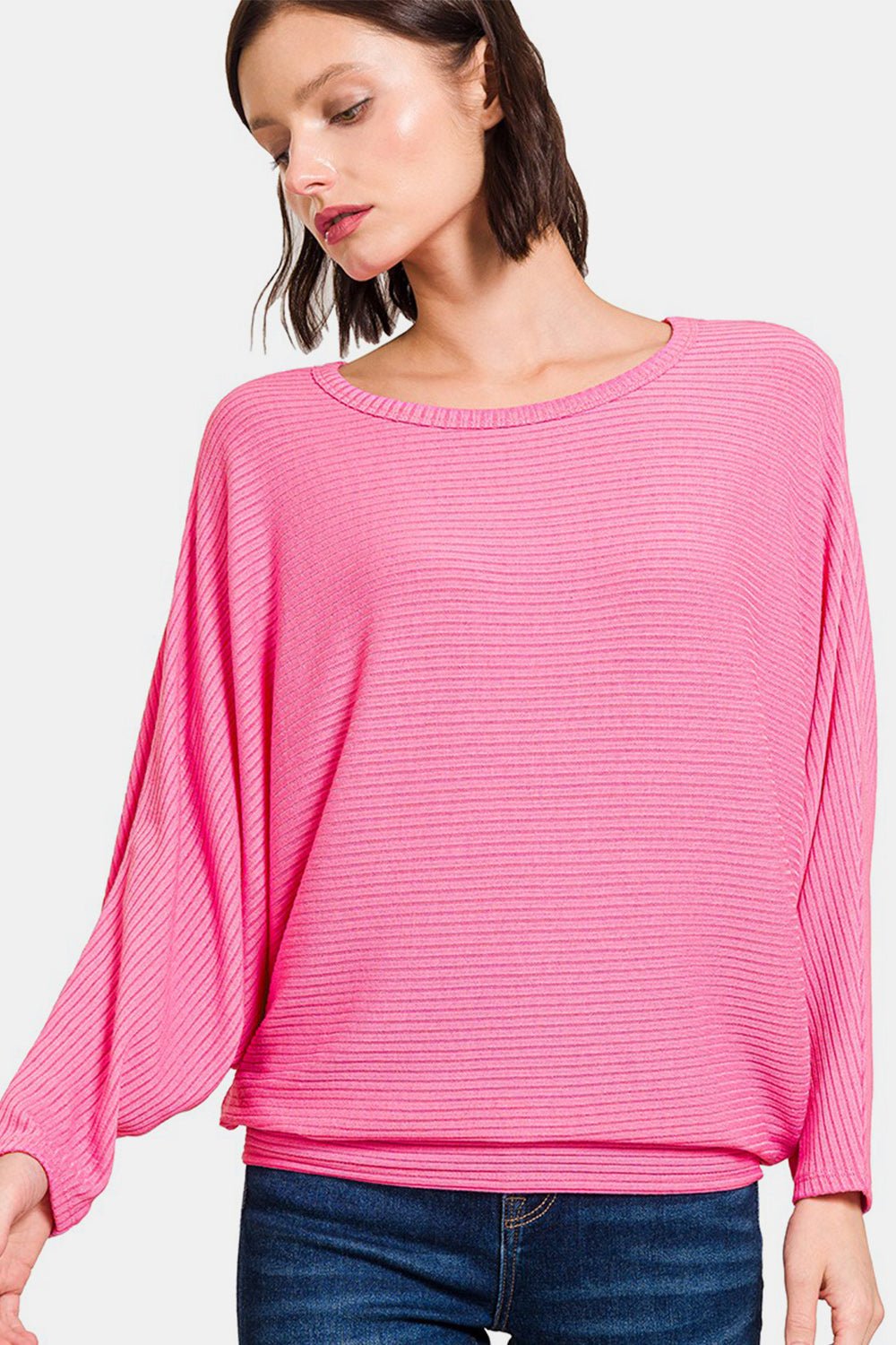 Zenana Ribbed Round Neck Long Sleeve Top - Top - CANDY PINK - Bella Bourget