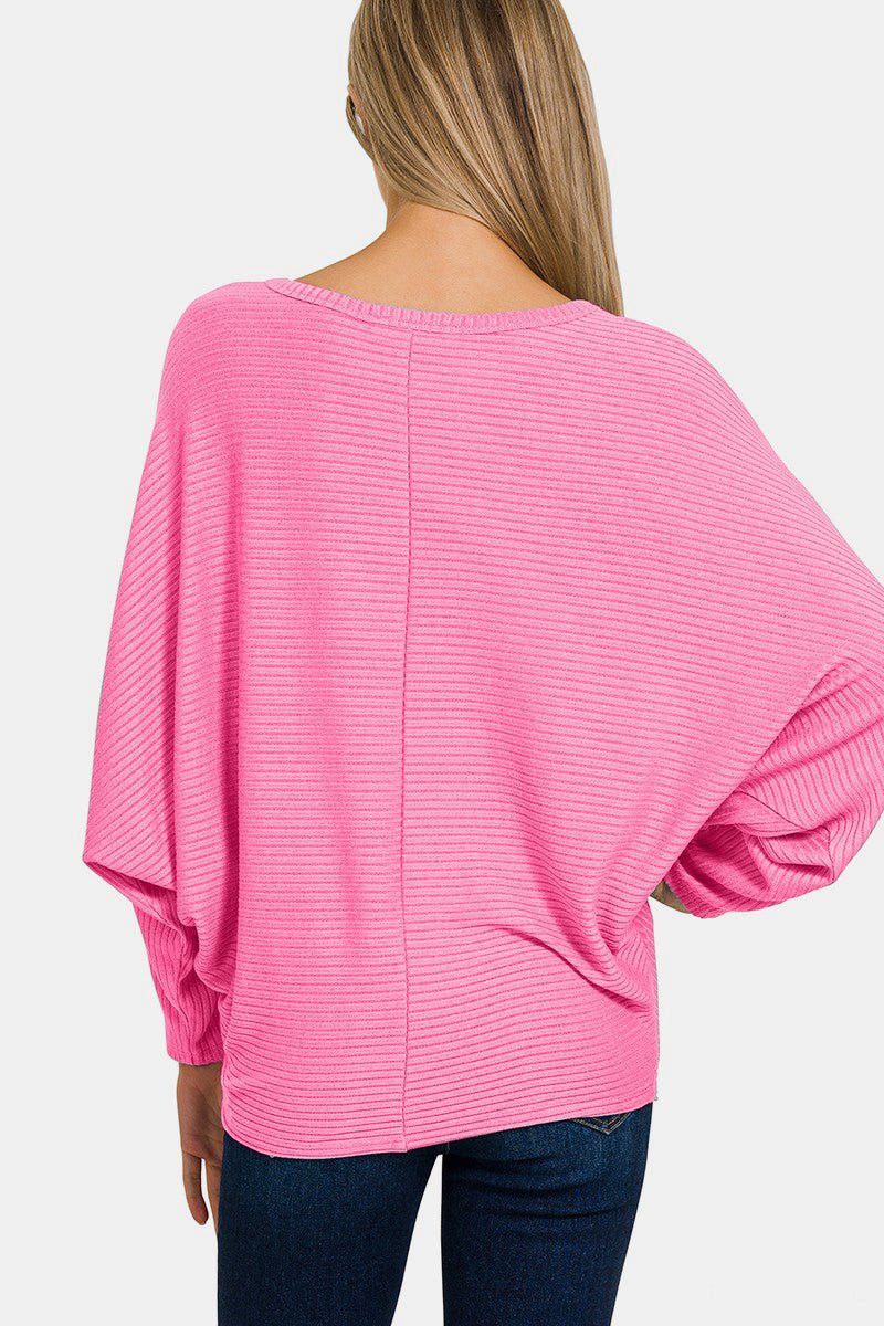 Zenana Ribbed Round Neck Long Sleeve Top - Top - CANDY PINK - Bella Bourget