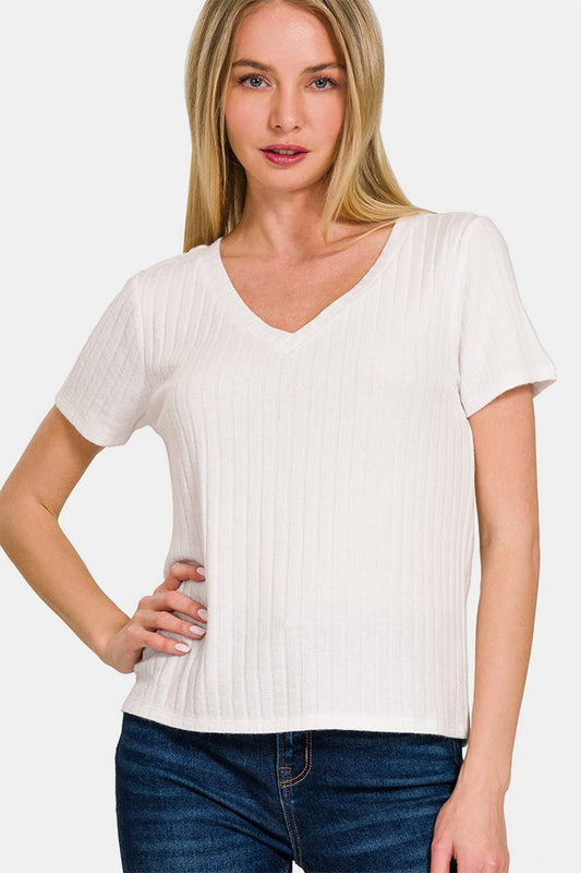 Zenana Ribbed Short Sleeve T - Shirt - T - Shirt - Off White - Bella Bourget