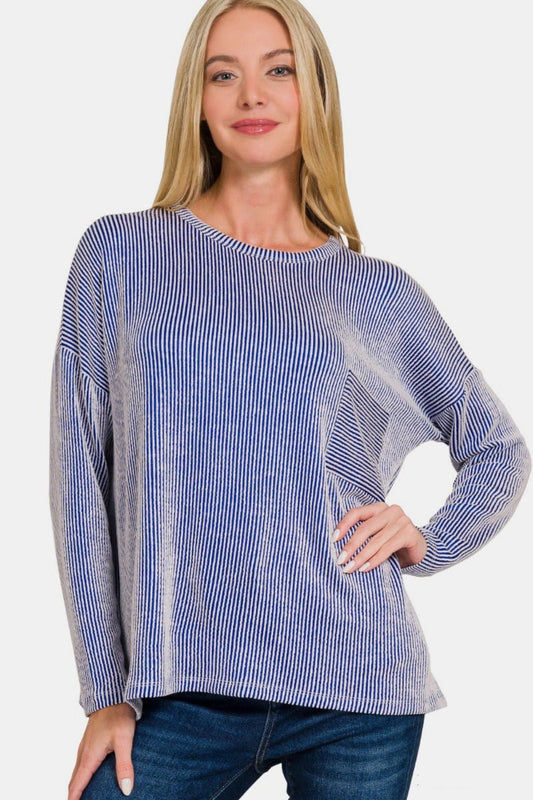 Zenana Ribbed Striped Long Sleeve T-Shirt - T-Shirt - Bright Blue - Bella Bourget