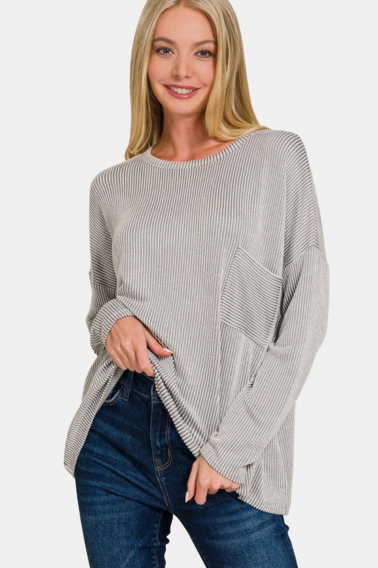 Zenana Ribbed Striped Long Sleeve T-Shirt - T-Shirt - LT Grey - Bella Bourget