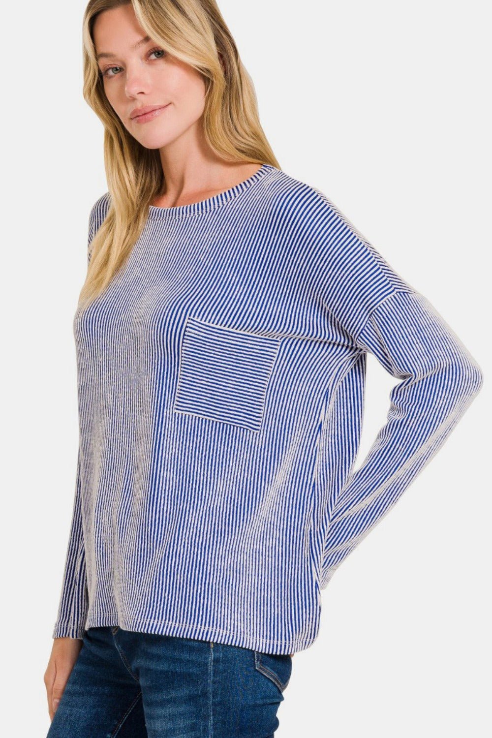 Zenana Ribbed Striped Long Sleeve T-Shirt - T-Shirt - Bright Blue - Bella Bourget