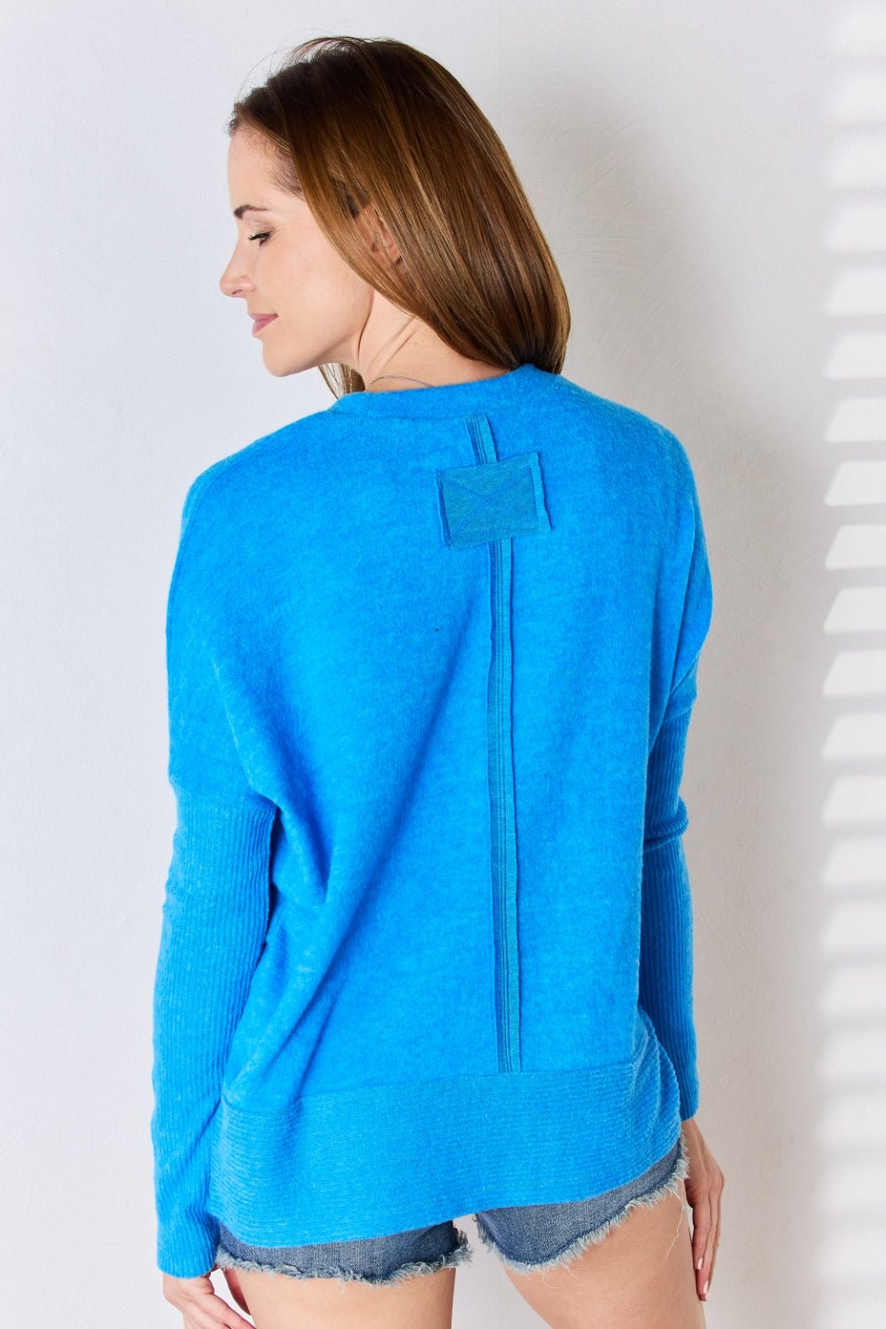 Zenana Ribbed Trim Round Neck Long Sleeve Top - Top - Ocean Blue - Bella Bourget