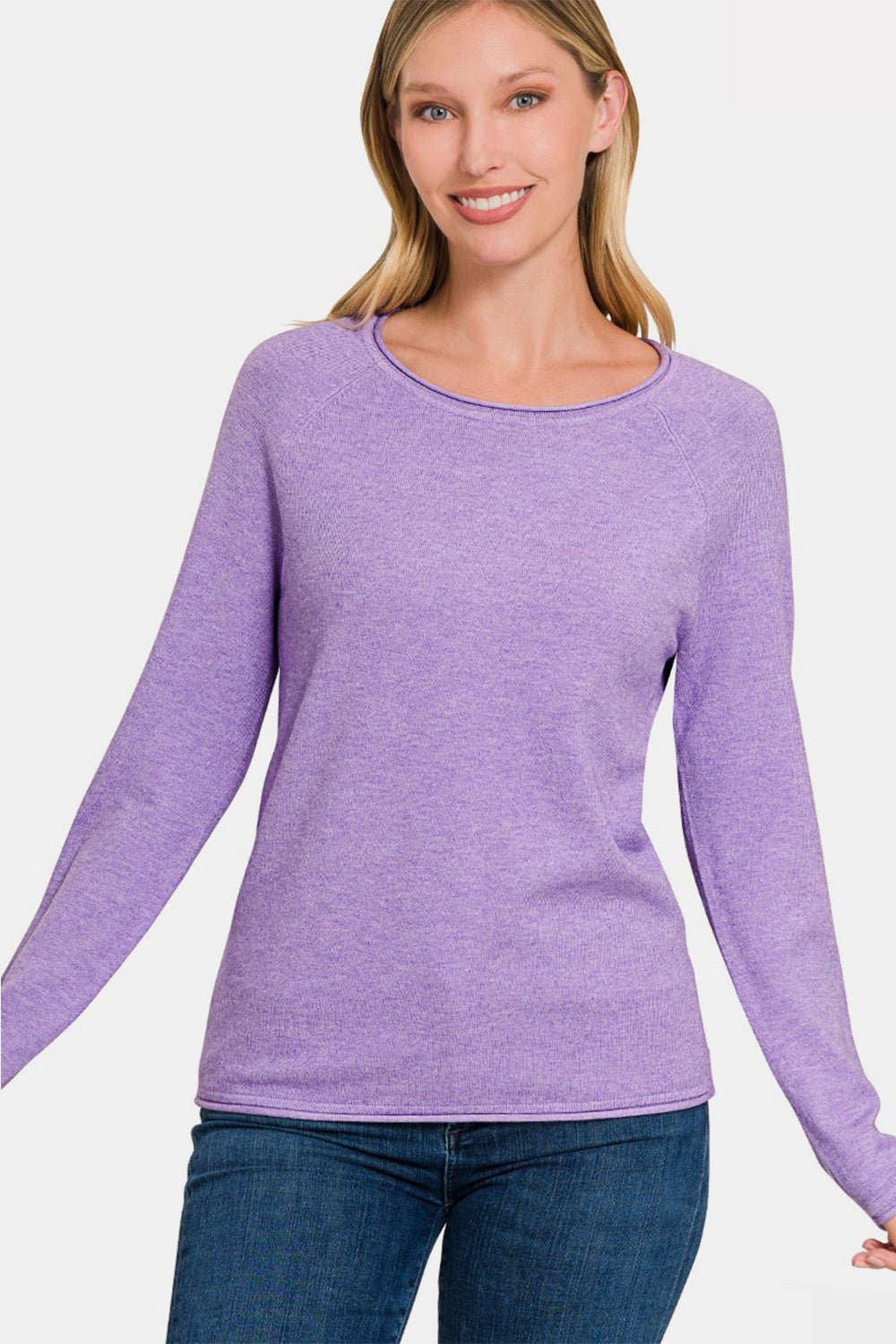 Zenana Rolled Round Neck Long Sleeve Sweater - Sweater - HLAVENDER - Bella Bourget