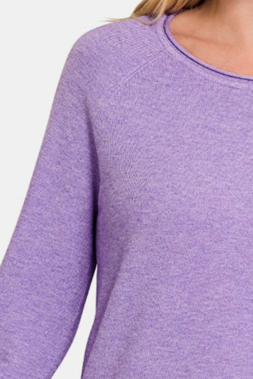 Zenana Rolled Round Neck Long Sleeve Sweater - Sweater - HLAVENDER - Bella Bourget