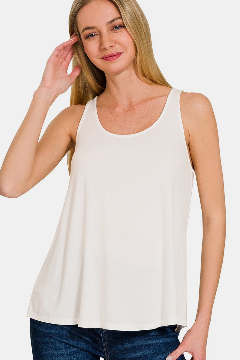 Zenana Round Neck Flowy Hem Tank - Top - Ivory - Bella Bourget